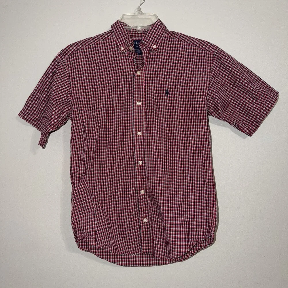 Polo Ralph Lauren Boys‎ Button Down Shirt Red White Blue Plaid M 12 14 Pony Logo